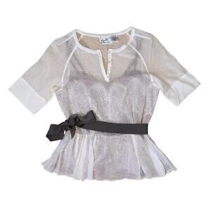 Beguile by Byron Lars Ivory Sheer Peplum Blouse with Black Ribbon Belt - Size 2